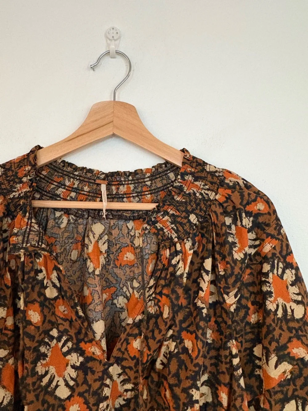 Free People || Willow Printed Top‎ Blouse Puff Sleeve Block Print Boho Brown S